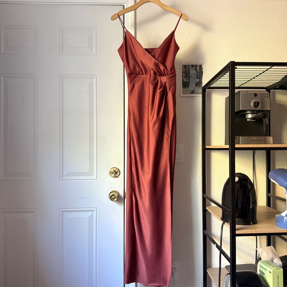 BHDN‎ burnt orange rust satin surplice event formal maxi sleeveless dress